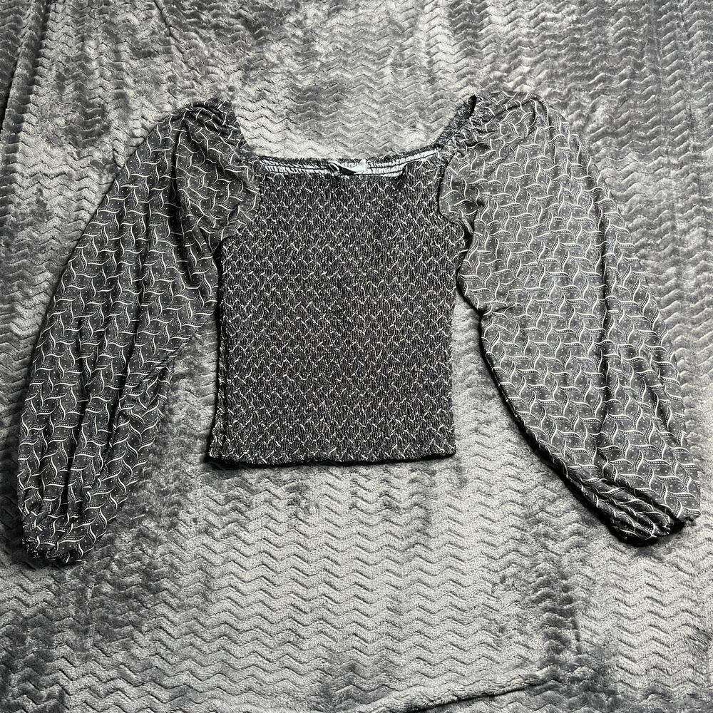 Anthropologie Rouen Top Gray Black Smocked Sheer Long Sleeve Blouse Size M